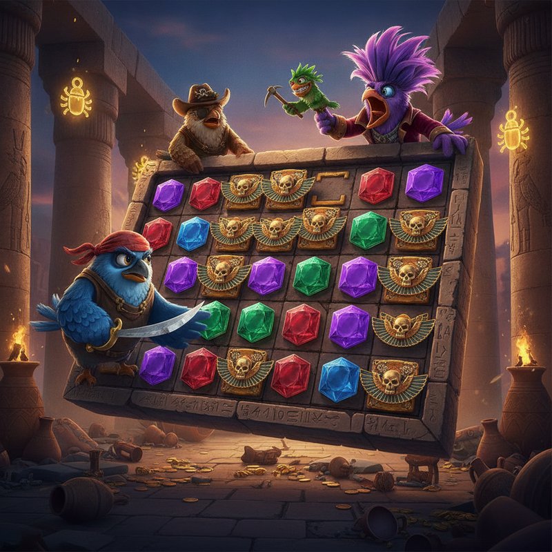 Pirots 5 slot machine con quattro uccelli pirati collezionisti su griglia egiziana: uccello blu con bandana rossa, uccello verde con capelli spiky, uccello marrone con cappello cowboy e lucertola, uccello viola con criniera selvaggia, tutti circondati da gemme colorate esagonali cubiche a diamante e sferiche su sfondo tempio egizio dorato